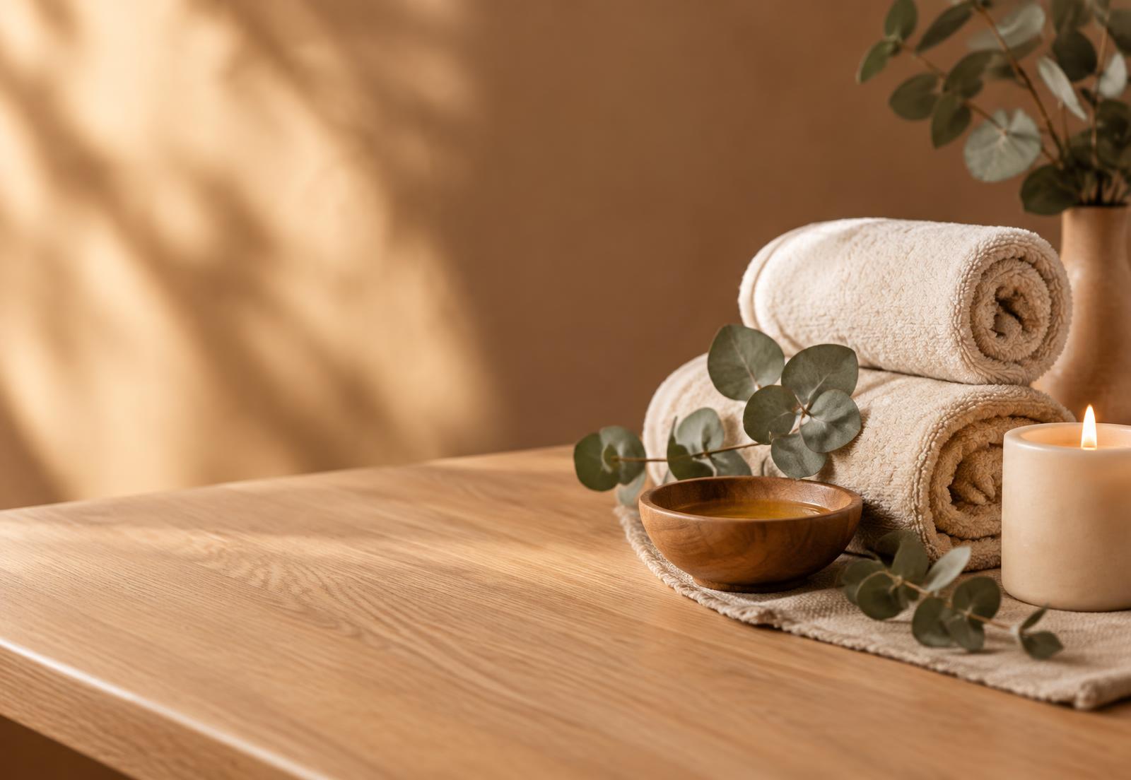Toalhas, óleo e vela em ambiente de spa